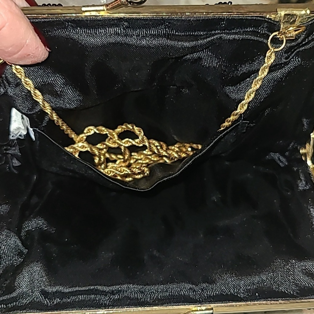 Beaded evening bag. Lovely black satin and beads gold clasp. Sz. 6"x6". (#1315) - Picture 11 of 14